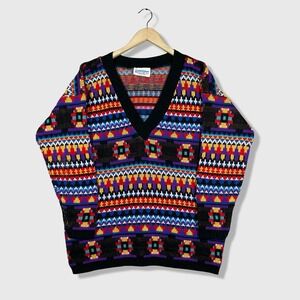 Vintage In Resource Knit V Neck Sweater Womens L Oversized Geometric Grandmacore